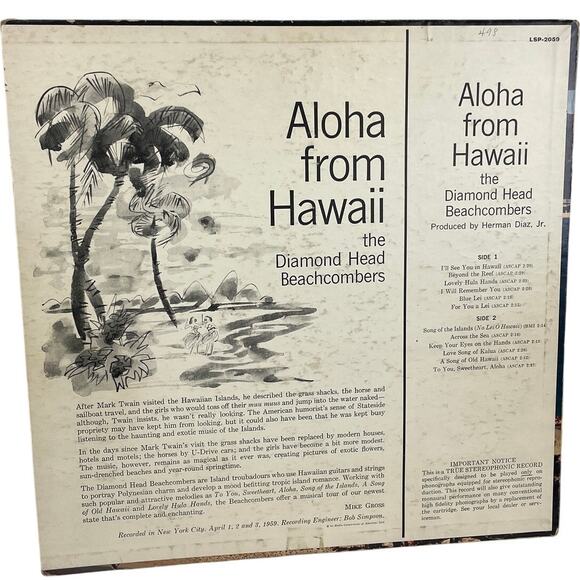 Vintage 1959 Aloha From Hawaii Diamond Head Beachcombers Music LP Vinyl Record - Picture 2 of 2